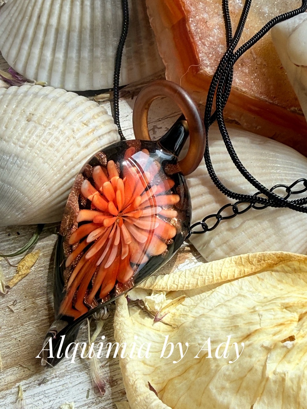 Alquimia Orange Floral Glass Pendant Necklace